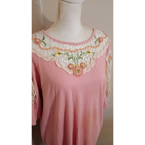 Vintage Lacy Afternoon Pink beaded Embroidered Floral Fringe Top Women's large - Picture 4 of 11